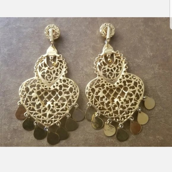 VINTAGE DESIGNER JOSE MARIA BARRERA HAMMERED GOLD DANGLE DROP CHANDELIER EARRING - Picture 4 of 8